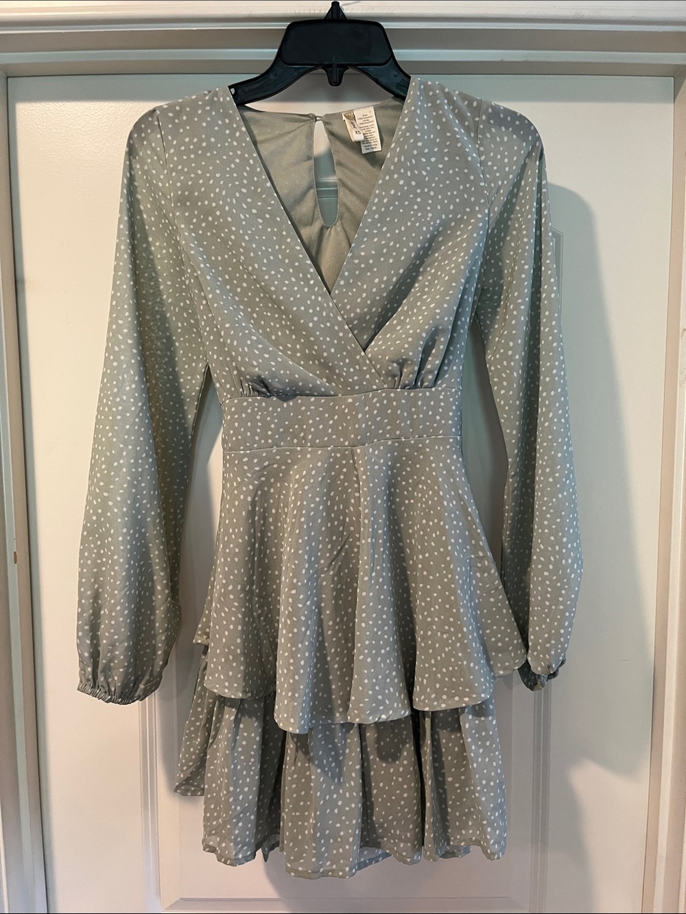 Light Sage Polka Dot Tiered Long Sleeve Dress Size XSMALL